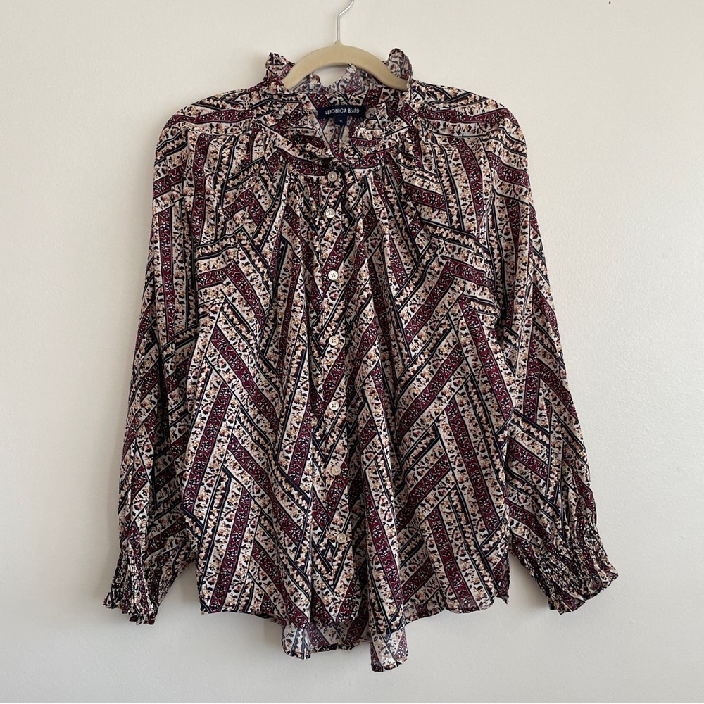 Veronica Beard Prairie Western Calisto Button Down Shirt Blouse Ruffle Smocked